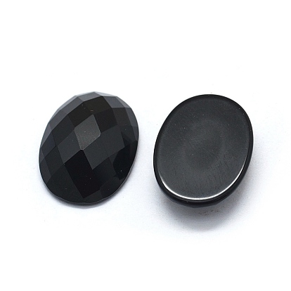 Natural Black Agate Cabochons, Faceted, Oval