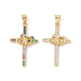 Rack Plating Brass Micro Pave Cubic Zirconia Pendants,  Cadmium Free & Nickel Free & Lead Free, Real 18K Gold Plated, Cross with Heart