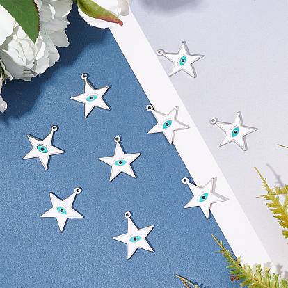 Nbeads 10Pcs 304 Stainless Steel Enamel Pendants, Star with Eye Evil, Stainless Steel Color