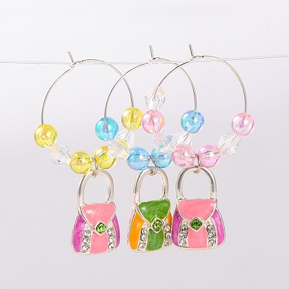 Alloy Enamel Mixed Color Handbag Wine Glass Charms, with Rhinestone, Transparent Acrylic Beads and Brass Hoop Earrings, Platinum