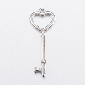 304 Stainless Steel Big Pendants, Key with Heart