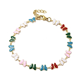 Colorful Enamel Butterfly Link Chain Bracelet, Ion Plating(IP) 304 Stainless Steel Jewelry for Women