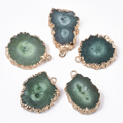 Natural Druzy Agate Pendants, with Brass Finding, Golden Tone Edge Plated, Dyed, Nuggets