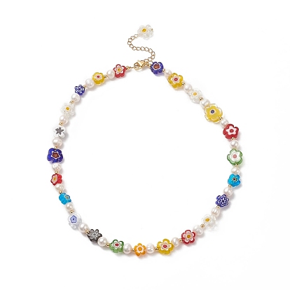 Natural Pearl & Millefiori & Brass Beaded Necklace for Women