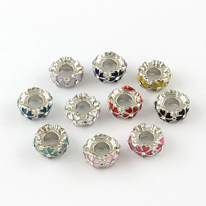 Enamel Flat Round with Flower Platinum Tone Alloy Large Hole Beads, with Rhinestone, 12x6mm, Hole: 5mm