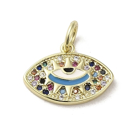Brass Micro Pave Cubic Zirconia Pendants, with Enamel, with Jump Ring, Real 18K Gold Plated, Eye