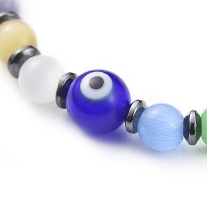 Braguilles élastiques à perles à oeil pour chat, avec des perles d'hématite synthétiques non magnétiques et des perles rondes à la main de mauvais œil au chalumeau