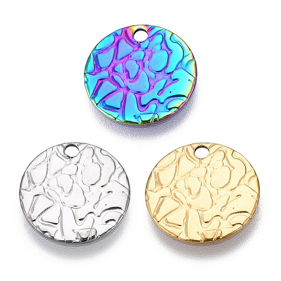 304 Stainless Steel Charms, Textured, Flat Round Charm