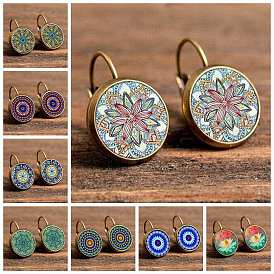 Glass Mandala Flower Hoop Earrings, Antique Bronze Alloy Jewelry for Women