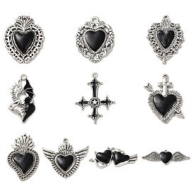 Alloy Pendants, with Black Enamel, Antique Silver, Cross & Heart Charm