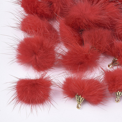 Faux Mink Fur Tassel Pendant Decorations, with Alloy Findings, Antique Golden