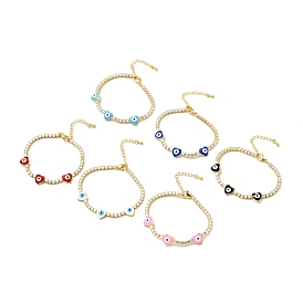 Heart with Evil Eye Enamel Link Bracelet with Clear Cubic Zirconia Tennis Chains, Gold Plated Brass Jewelry for Women, Cadmium Free & Lead Free