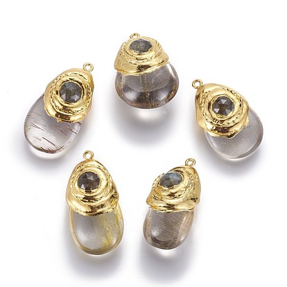 Pendentifs quartz rutiles en or naturel, avec des perles de labradorite et des accessoires en laiton, goutte 