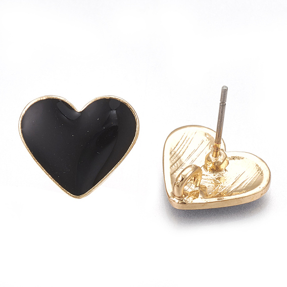 Alloy Enamel Stud Earring Findings, with Loop, Raw(Unplated) Pins, Heart, Light Gold