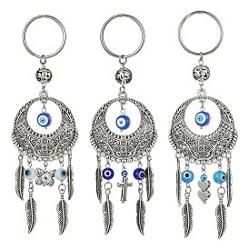Handmade Lampwork Evil Eye Pendant Keychain, with 304 Stainless Steel Split Key Rings & Alloy Findings, Flat Round with Feather