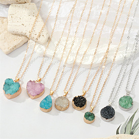 Vintage Geometric Natural Stone Necklace with Heart and Drop Pendants