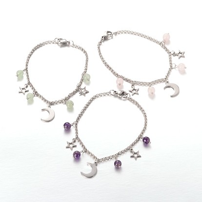 Moon & Star Stainless Steel Gemstone Charm Bracelets, with Lobster Claw Clasps
