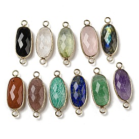 Mixed Gemstone Connector Charms, Faceted Oval Links with Light Gold Plated Brass Edge
