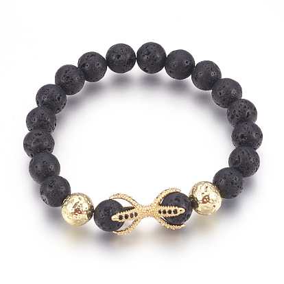 Stretch Bracelets, with Long-Lasting Plated Electroplated Natural Lava Rock, Natural Lava Rock and Brass Cubic Zirconia Beads, Claw