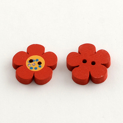 2 отверстия окрашенные деревянные кнопки, цветок, 19x19x4 мм, отверстие : 2 мм