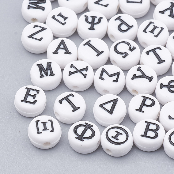 Acrylic Beads, Flat Round with Greek Alphabet