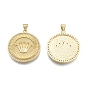 Brass Micro Pave Clear Cubic Zirconia Pendants, Flat Round with Crown