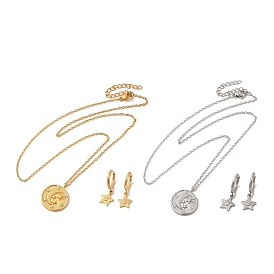 Crystal Rhinestone Star Dangle Hoop Earring & Moon Pendant Nacklace, 304 Stainless Steel Jewelry Set for Women