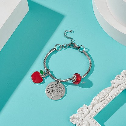 Alloy Apple Charm Bracelet with Glass Beaded, Word European Bracelet for Teachers' Day