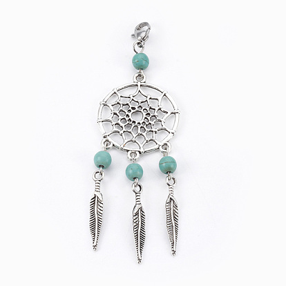 Dyed Synthetic Turquoise Big Pendants, with Tibetan Style Alloy Findings and 304 Stainless Steel Lobster Claw Clasps, Woven Net/Web with Feather