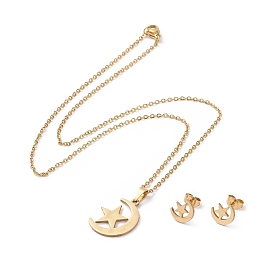 304 Stainless Steel Moon & Star Stud Earrings and Pendant Necklace, Jewelry Set for Women