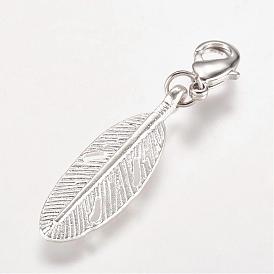 Alloy Pendant, with Brass Lobster Claw Clasps, Feather