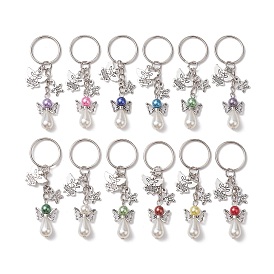 Porte-clés breloques ange et étoile, avec perles acryliques imitation perle et porte-clés fendus en fer