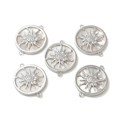 Brass Micro Pave Clear Cubic Zirconia Sun Connector Charms, with Natural White Shell