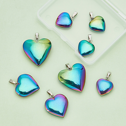 CHGCRAFT 8Pcs Electroplate Non-magnetic Synthetic Hematite Pendants, with Platinum Tone Brass Findings, Rainbow Heart