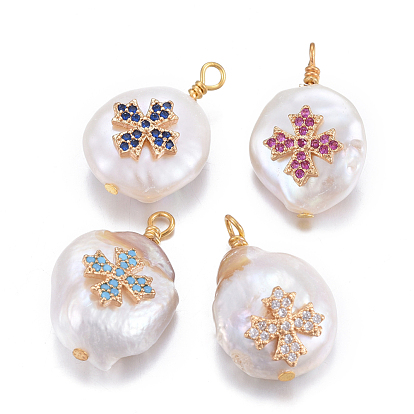 Natural Cultured Freshwater Pearl Pendants, with Brass Micro Pave Cubic Zirconia Findings, Nuggets with Cross, Golden