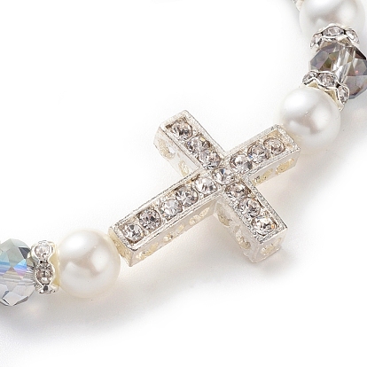 Perles de verre galvanoplastie étendent bracelets, avec des perles de strass en alliage, perles rondes en perles de verre et entretoises en laiton, croix