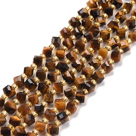 Natural Tiger Eye Beads Strands, with Seed Beads, Faceted, Diagonal Cube Beads