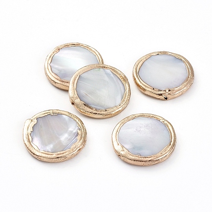 Perlas de concha electrochapadas, con hallazgos de latón con borde chapado en oro, plano y redondo