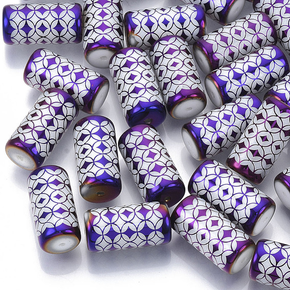 Electroplate Glass Beads, Column with Flower Pattern