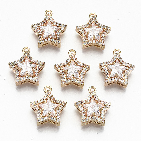 Brass Glass Rhinestone Charms, with Micro Pave Cubic Zirconia, Long-Lasting Plated, Cadmium Free & Lead Free, Star