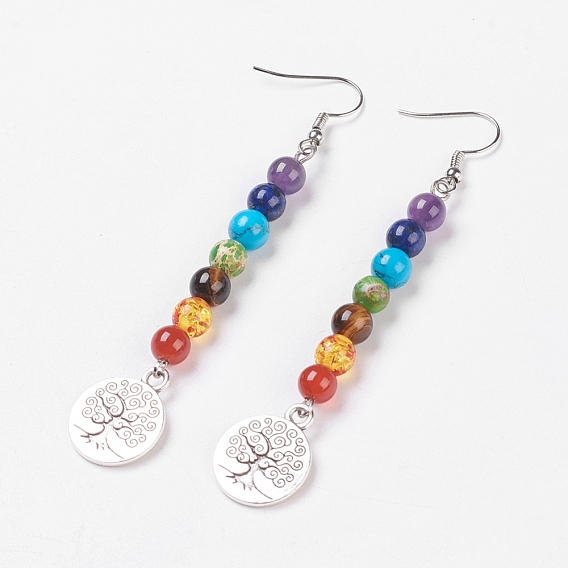 Chakra Jewelry, Mixed Stone & Resin Dangle Earrings, with Alloy and Brass Earring Hooks, Tree of Life