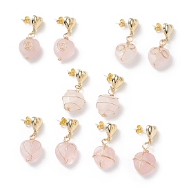 5 Pair 5 Style Natural Rose Quartz Heart Dangle Stud Earrings, Copper Wire Wrap Jewelry for Women