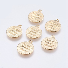 Brass Quote Charms, Flat Round with Word Thankful Grateful Blessed, Real 18K Gold Plated
