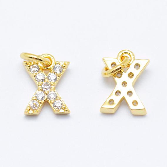 Brass Micro Pave Grade AAA Cubic Zirconia Charms, Letter X, Cadmium Free & Nickel Free & Lead Free