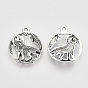 Tibetan Style Alloy Howling Wolf Pendants, Cadmium Free & Nickel Free & Lead Free, Flat Round with Wolf