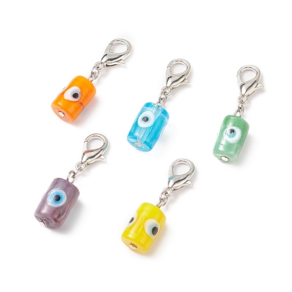 Evil Eye Lampwork Column Pendant Decorations, with Alloy Lobster Claw Clasps