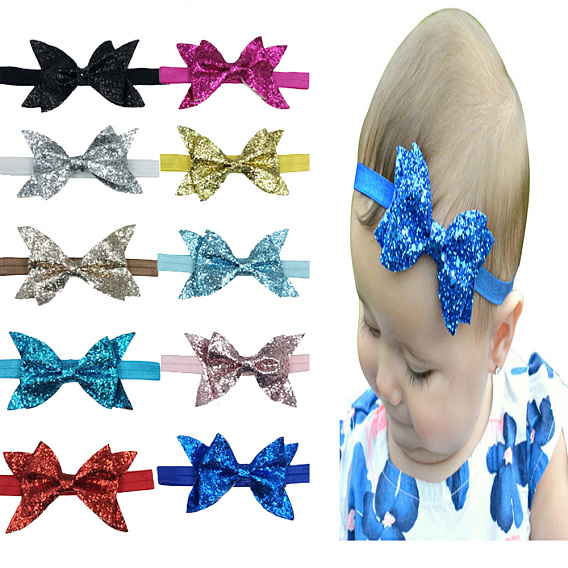 Bandeau élastique pour les filles, accessoires pour cheveux, avec bowknot de tissu, poudre de scintillement