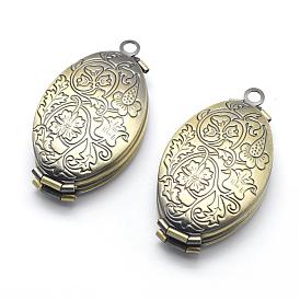 Brass Locket Pendants, Photo Frame Charms for Necklaces, Cadmium Free & Nickel Free & Lead Free, Oval with Flower