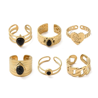 6Pcs 6 Style Crown & Teardrop & Heart 304 Stainless Steel Open Cuff Rings Set, Natural Obsidian Stackable Rings