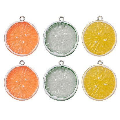 6 piezas 3 colores colgantes de frutas de resina redondos planos, encantos de naranja, con aros de hierro en tono platino